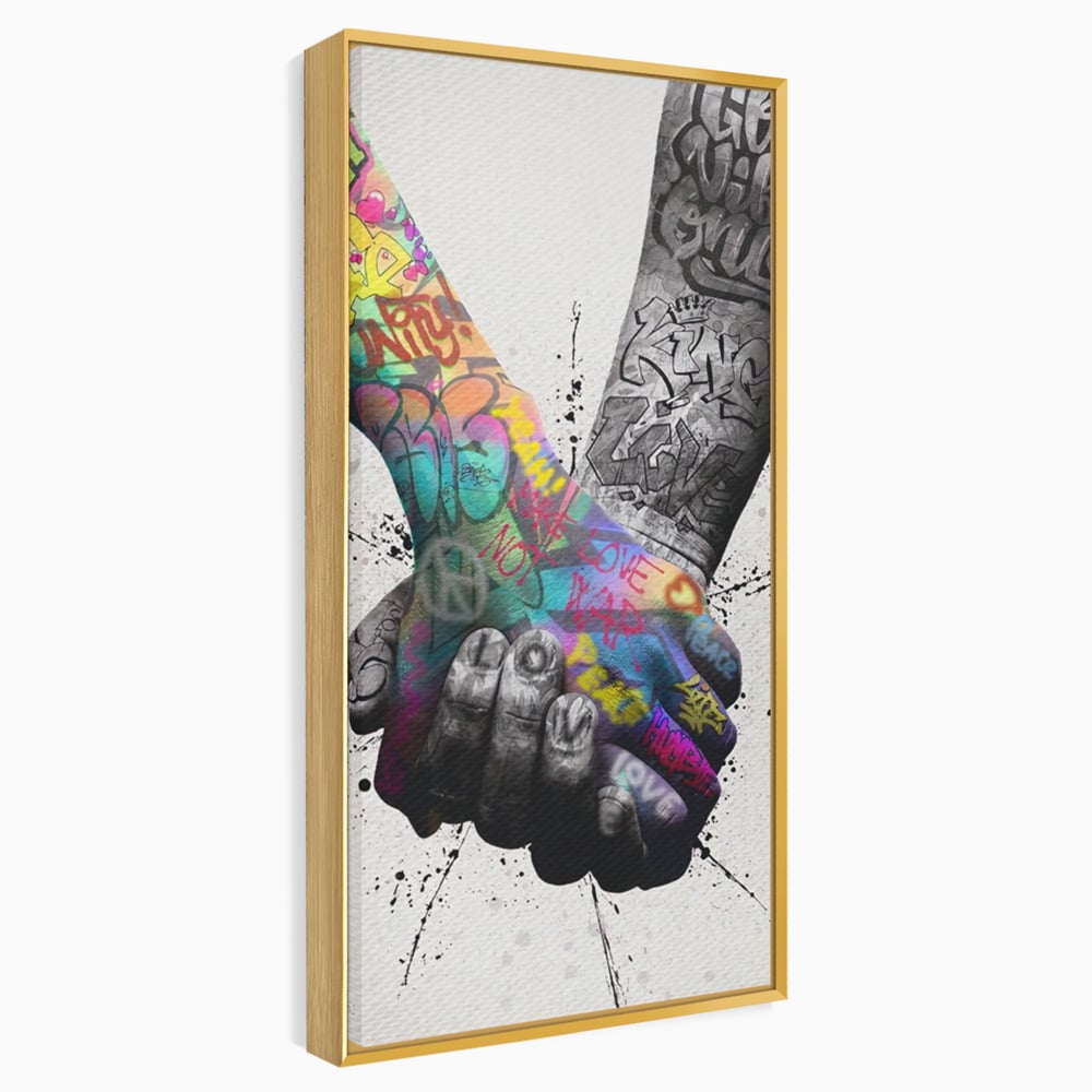 Tablou canvas cu tablou canvas cu maini desenate in stil graffiti, in rama de aluminiu auriu